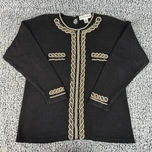 Victoria Harbour Vintage Sweater Black Knit Pullover Beige Gold Bead Design Sz L